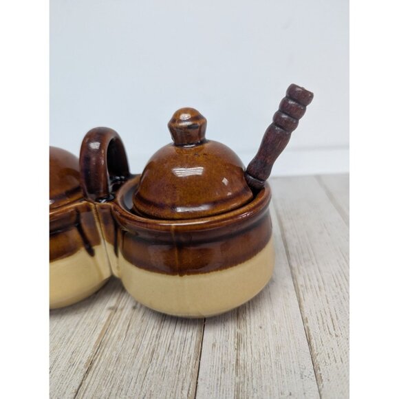 Vintage Brown Glazed Stoneware Double Condiment Sauce Pot W/ Lids Spoons Taiwan - Picture 2 of 11
